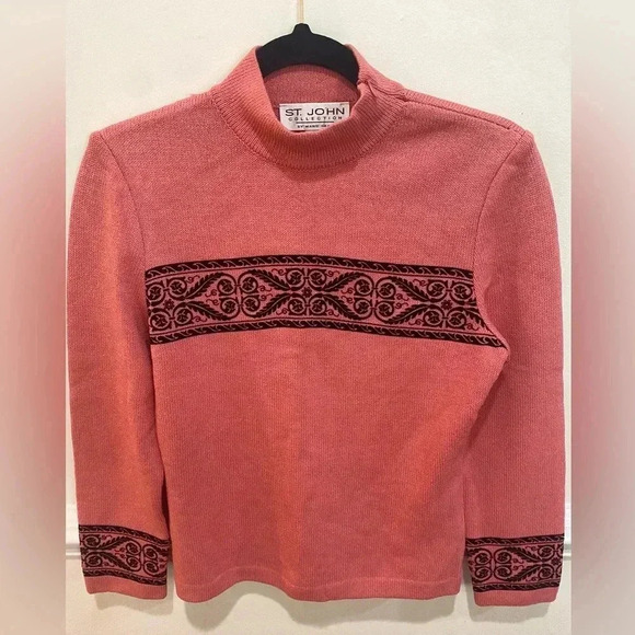 St. John Collection Marie Gray Salmon Mock Neck Sweater Black Scroll Small - Picture 1 of 10
